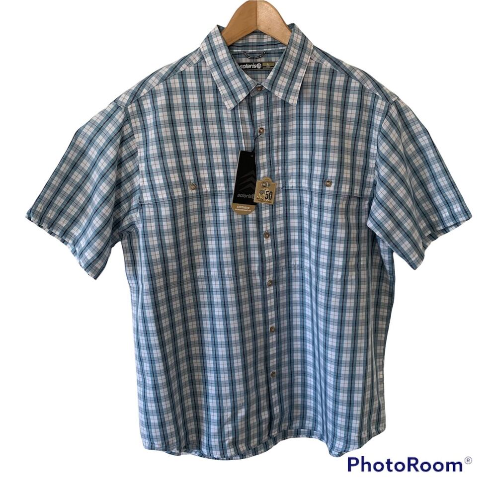 Solaris Fishing Shirt Mens Small Blue Plaid Vented Wicking UPF 50 Quick Dry NEW